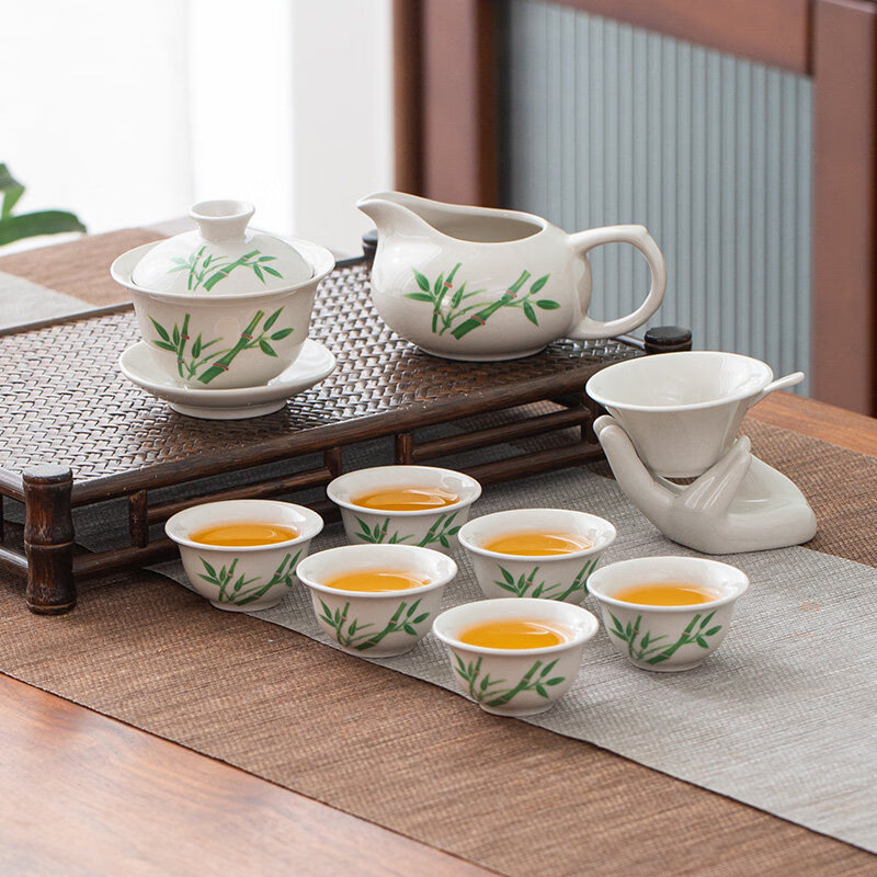 家用简约茶具套装国风陶瓷套组功夫创意礼品盖碗茶壶泡茶杯冲茶器 10头8杯盖碗-秀丽山水