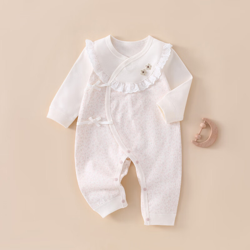 婧麒（JOYNCLEON）新生婴儿衣服春秋季满月宝宝连体衣纯棉哈衣爬服a类睡衣秋 HCW25125咘咘花边绑带 59cm