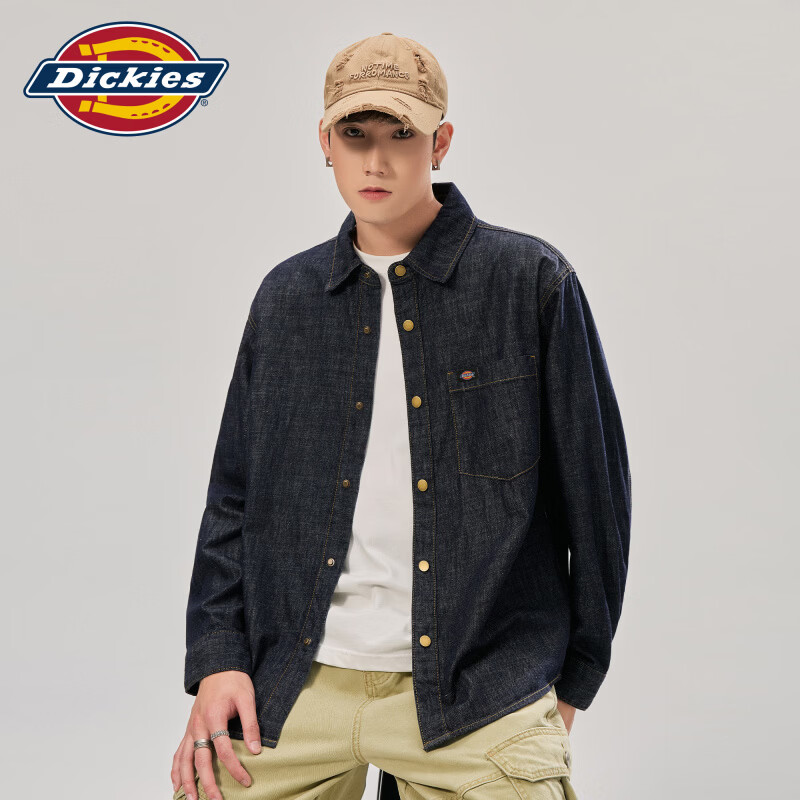 Dickies苎麻牛仔衬衫男士2026秋季新款潮牌宽松休闲长袖工作高端上衣服装 蓝色 常规 4XL 【建议190-210斤】