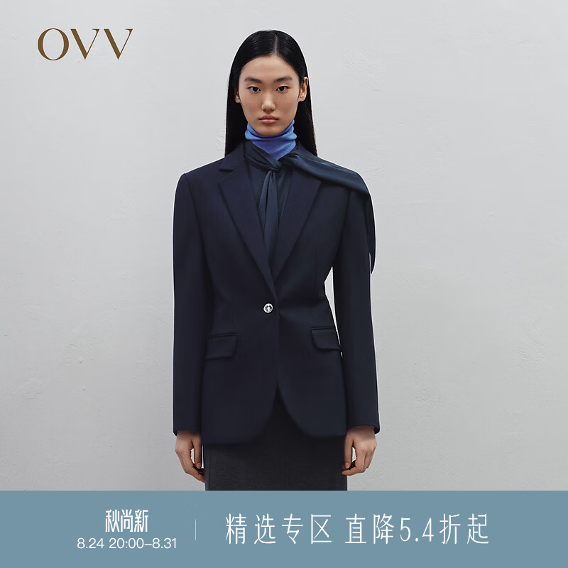 OVV2023秋冬新款女装挺括一粒扣平驳领休闲通勤单件西服外套 藏青(净色)B1 L
