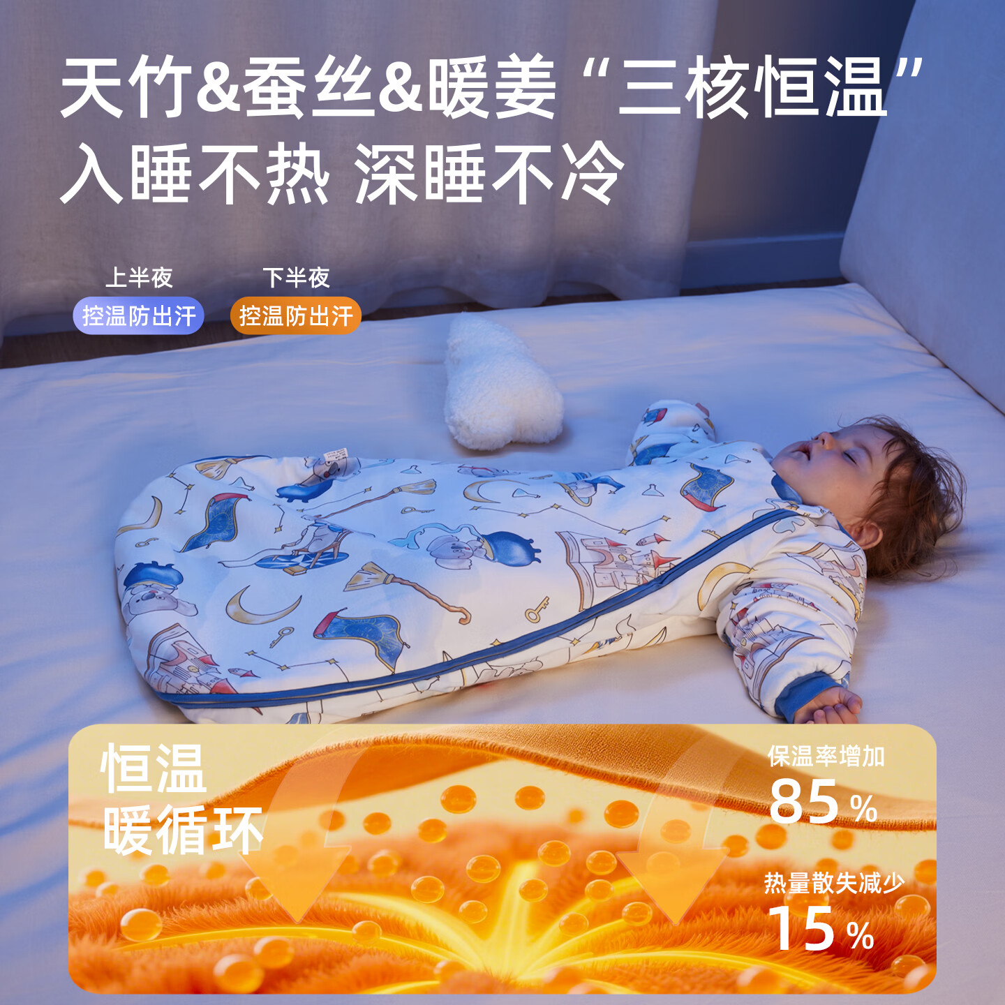 安舒棉睡袋宝宝春秋恒温新生儿童婴儿睡袋一体式防踢被惊跳包被发热神器 花梦鹿园(秋冬中厚)桑蚕丝X恒温 适合10-20℃ S(适合身高55-70cm)0-1岁