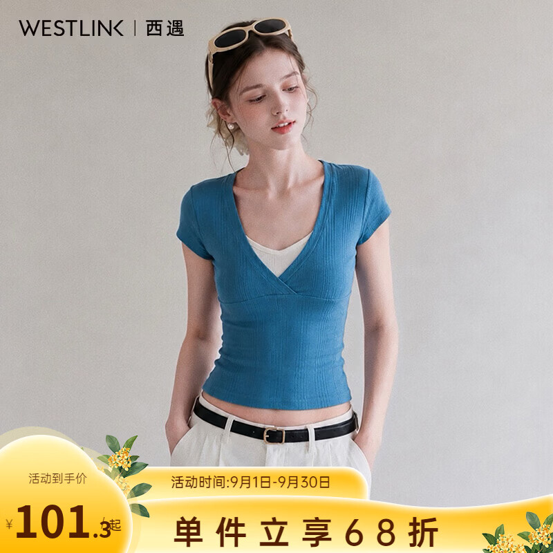 西遇（Westlink）湖蓝假两件V领短袖T恤女2026夏季新款美式辣妹修身短款上衣 蓝色 S/L/XL付款15天 M (160)