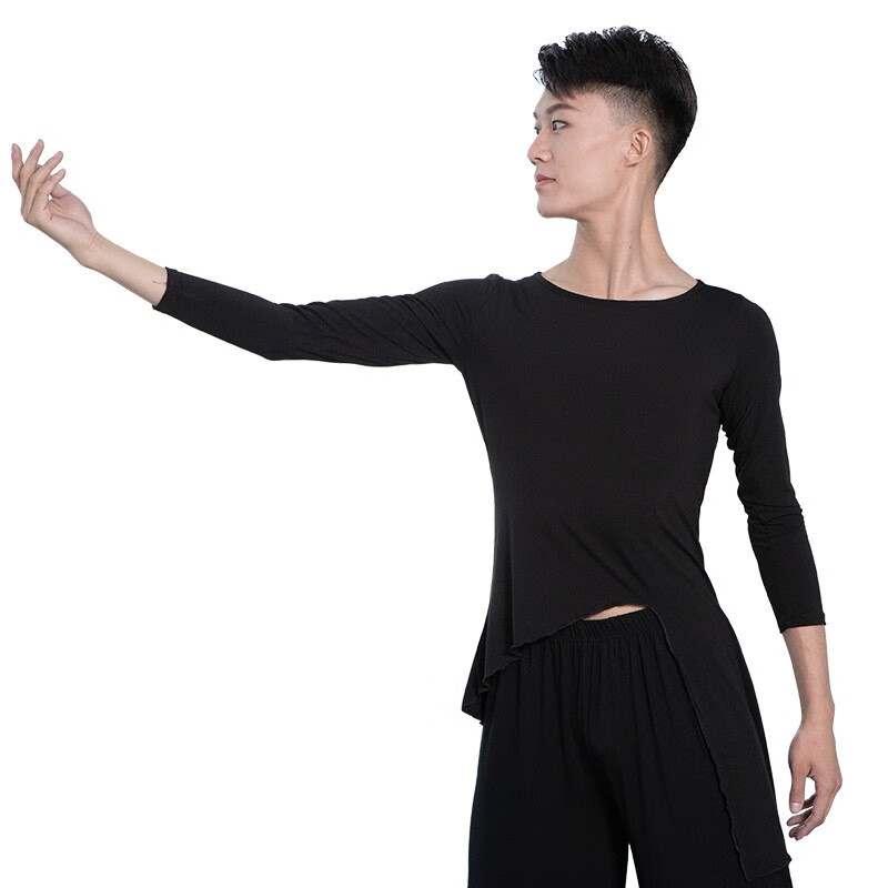 红舞鞋舞蹈服男士莫代尔不规则边现代舞七分袖上衣舞蹈练功服3561