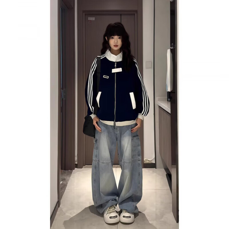 棒球服夹克女士春秋季潮牌宽松百搭衣服ins港风痞帅休闲情侣外套 藏青色 L