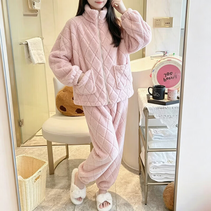 有只绵秋冬保暖珊瑚绒睡衣套装女加绒立领拉链双口袋居家服可外穿 粉色(菱形格套装加厚款) M 特厚约1000g (建议100-120斤)