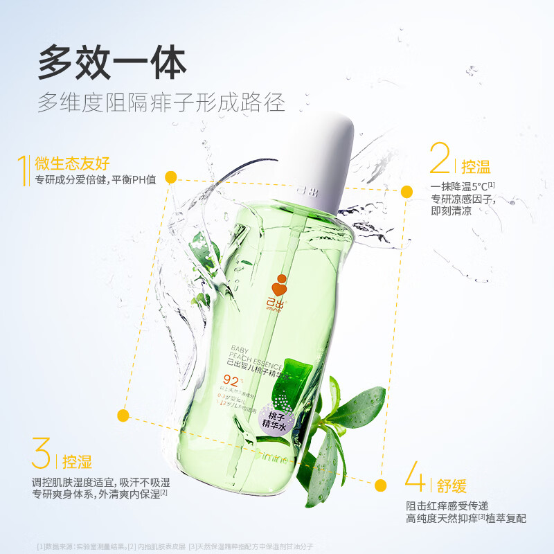 己出复旦儿科桃子水婴儿爽身露儿童液体喷雾桃叶精华舒痱保湿晒后舒缓 【0岁+】桃子水200ml*2
