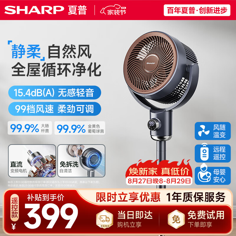 夏普(SHARP)日本风精灵空气循环扇电风扇落地扇家用卧室大风力静轻音99档自清洁一级能效摇头电扇PJ-CD433A-W