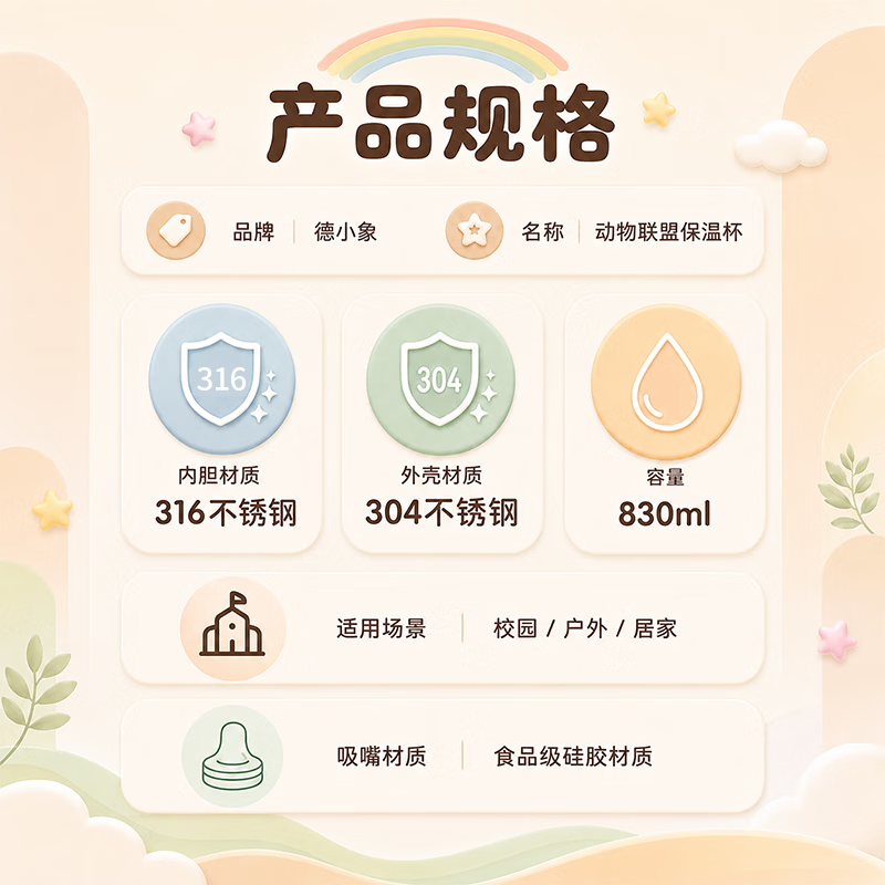 德小象儿童保温杯316不锈钢 学生专用4-12岁大容量户外便携吸管水杯 小棕熊 830ml
