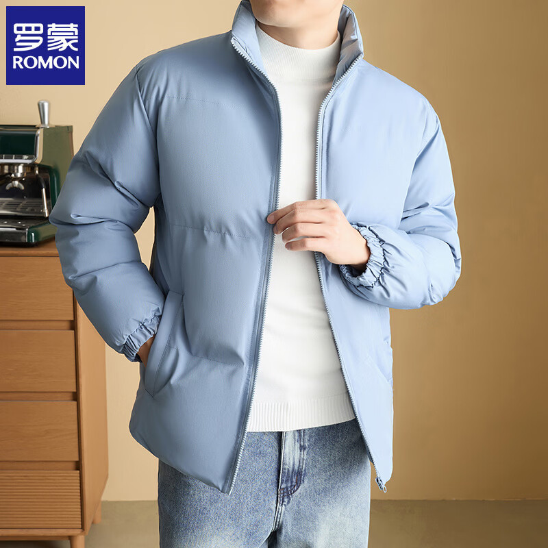 罗蒙(ROMON)纯色棉服男短款2026冬季新款保暖面包服棉衣外套休闲男装上衣服 蓝色 2XL