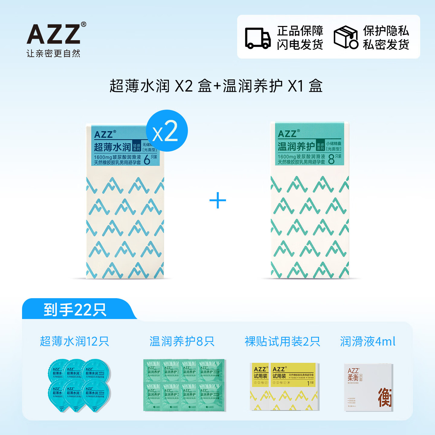 AZZ超薄裸贴安全套 003 裸入玻尿酸避孕套男用隐形无套感计生用品byt 到手22只【耐撕抗破】水润12只+养护8只+体验装
