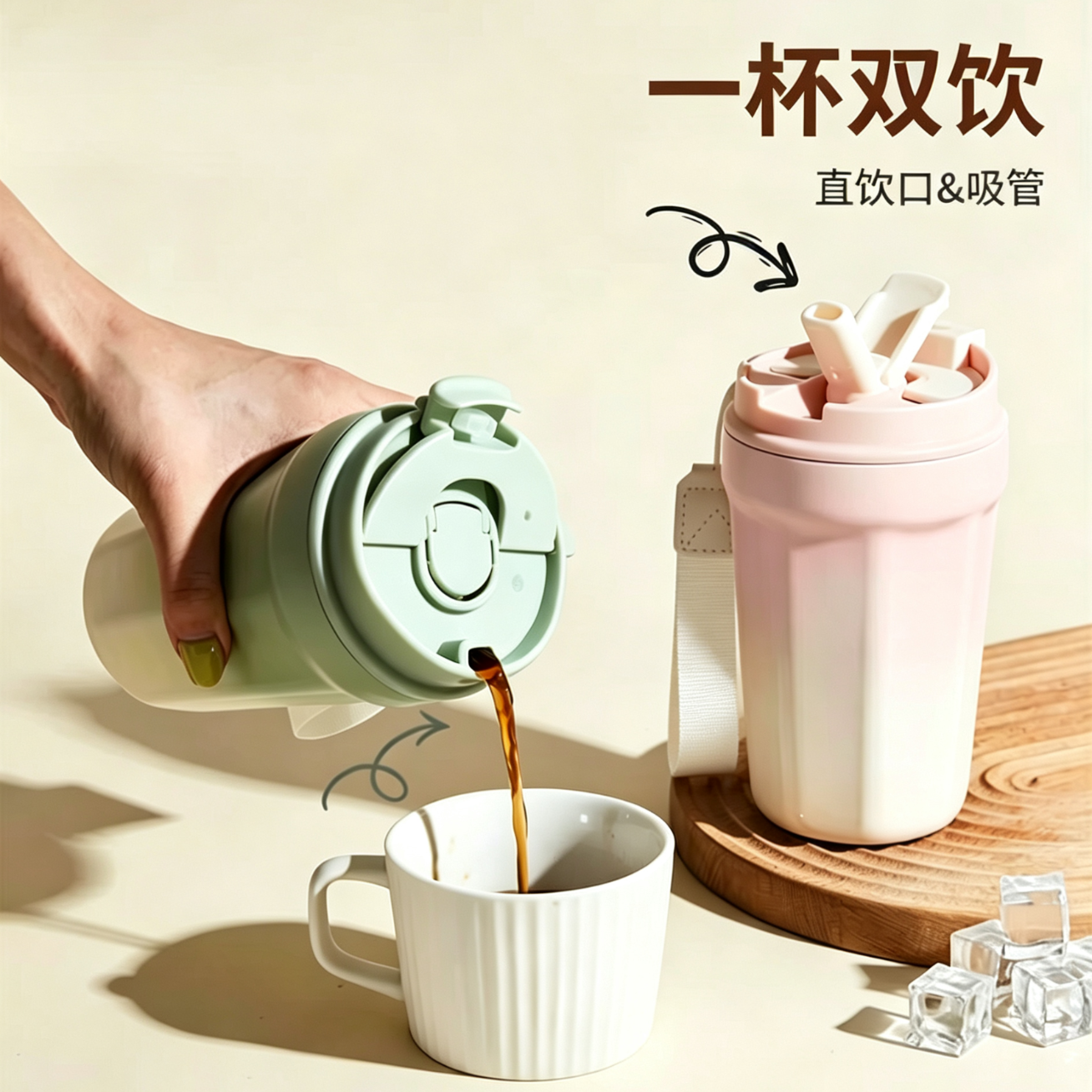 咖啡杯不锈钢保温杯保冷茶杯杯陶瓷覆层内胆随行吸管水杯杯子 渐变粉（陶瓷内胆） 380