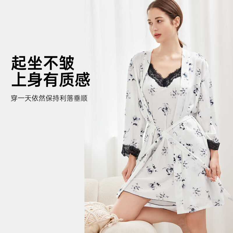 欧迪芬(Ordifen)睡衣女冰丝吊带裙睡袍二件套透气舒适蕾丝宽松家居服XH4724B 香草白 L