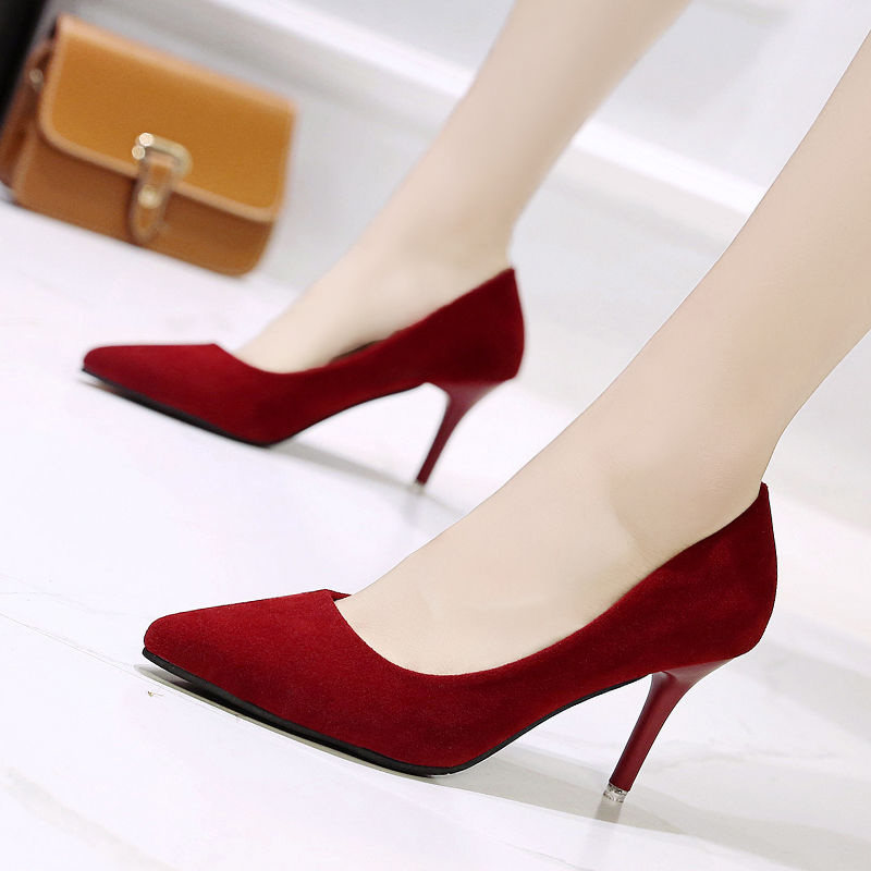 尖头高跟鞋黑色细跟中跟女单鞋浅口绒面性感百搭社交女鞋春秋 红色