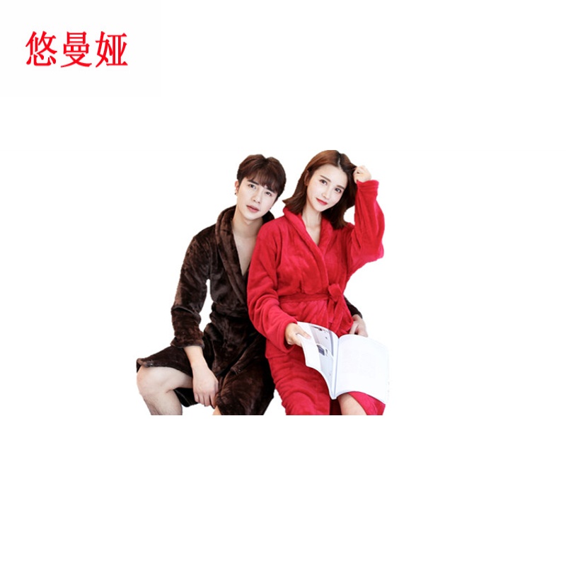 悠曼娅秋冬季加厚法兰绒浴袍睡衣男女士珊瑚绒睡袍子装浴衣情侣家居服 深灰女 L(适合95-135斤)