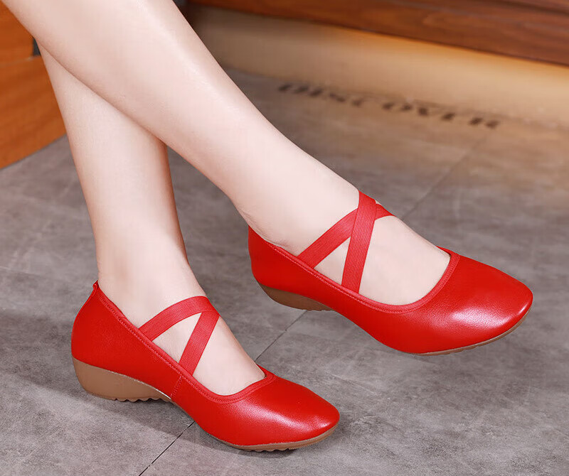 蔻玥广场舞鞋女软底真皮红色成人跳舞鞋子平跟平底交谊舞舞蹈鞋女鞋夏