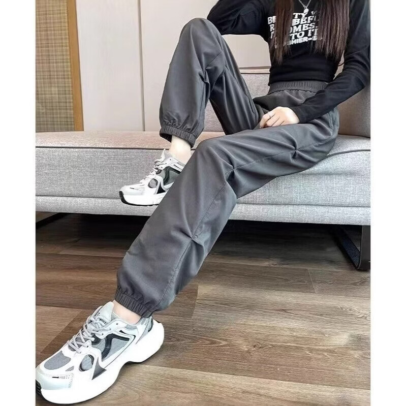 燠阳运动工装裤女春秋街头风卫裤宽松束脚别致休闲长裤直筒裤 244黑色 XL 【建议115-130斤】