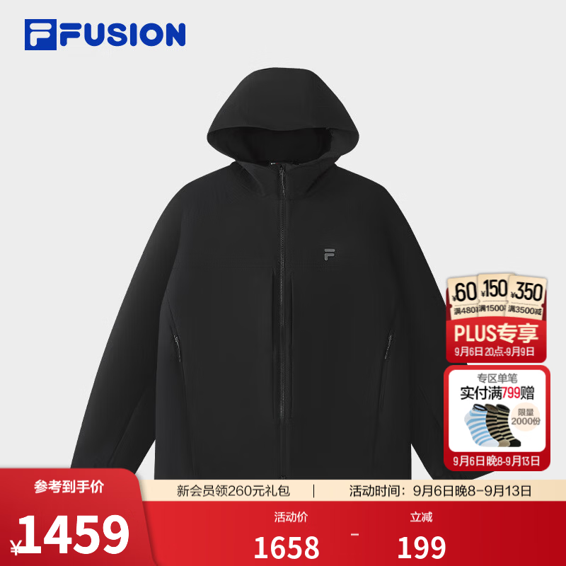 FILA FUSION潮牌外套26秋季新款男士梭织休闲简约百搭连帽上衣 正黑色-BK M 170/92A/M