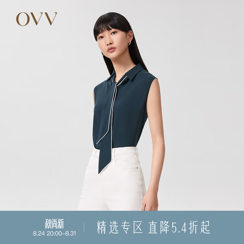 OVV【重磅真丝】OVV2022春夏新款女装19MM双乔飘带无袖衬衫 藏青02 S