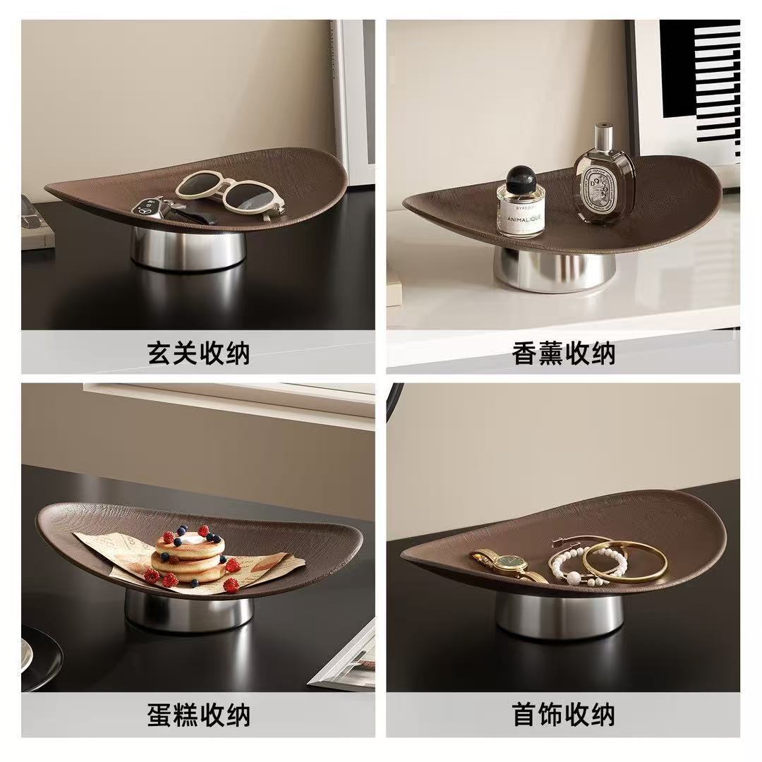 溥畔轻奢风高脚果盘摆件家用新款轻奢高端水果盘客厅上档次摆放盘 轻奢黑色木纹（两个装）