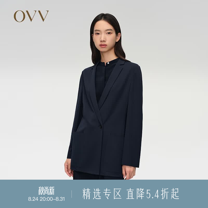 OVV2024春夏新款女装修身一粒扣平驳领简约单件西服外套 藏青(净色)06 L