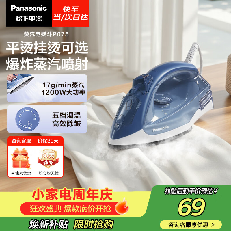 松下(Panasonic)手持挂烫机17g/min水箱0.13升【烫衣神器】电熨斗家用小型大功率大蒸汽熨烫机除皱熨被子NI-P075