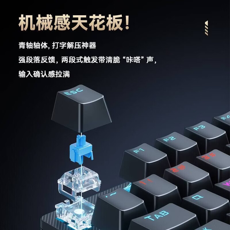 机械雀复古朋克机械键盘电竞游戏有线键鼠套装键鼠耳机三件套外接办公打字台式电脑笔记本外设 黑色混光【经典款】方键帽 游戏黑轴