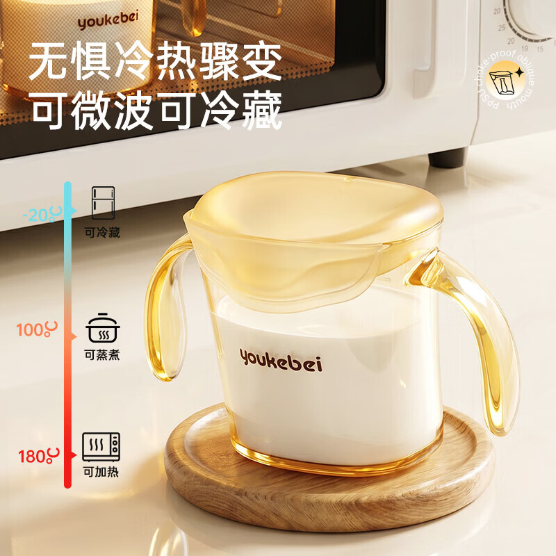 YOUKEBEI敞口杯斜口杯1-3-6岁宝宝儿童婴幼儿喝奶ppsu带刻度直饮喝水神器 升级款-带盖【缓流|防呛】 200ml