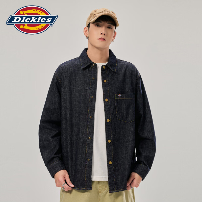 Dickies苎麻牛仔衬衫男士2026秋季新款潮牌宽松休闲长袖工作高端上衣服装 蓝色 常规 4XL 【建议190-210斤】