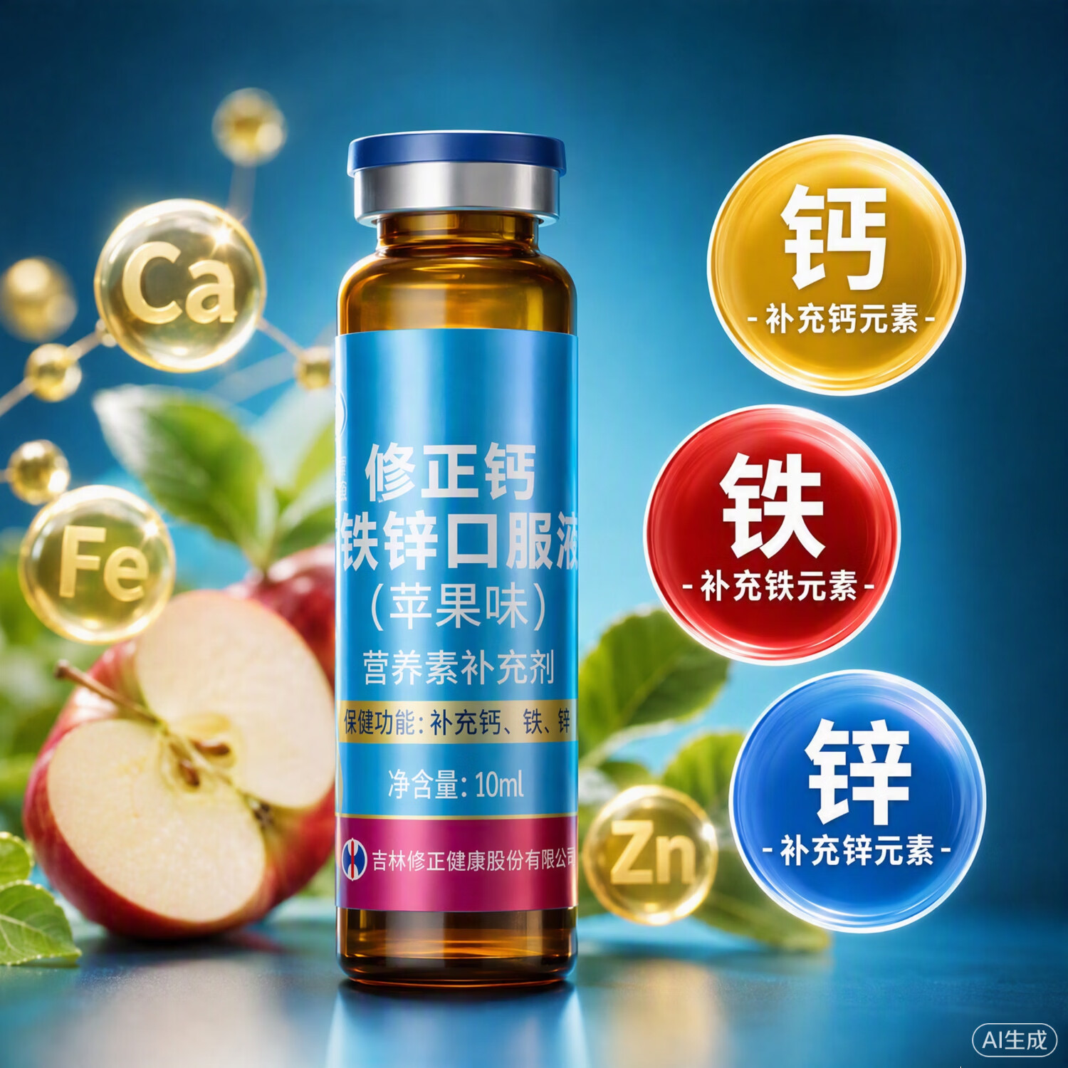修正钙铁锌口服液(苹果味) 30支/盒 儿童青少年补充钙、铁、锌 补充钙铁锌【2盒装】 10ml*30瓶 共60支 修正大品牌