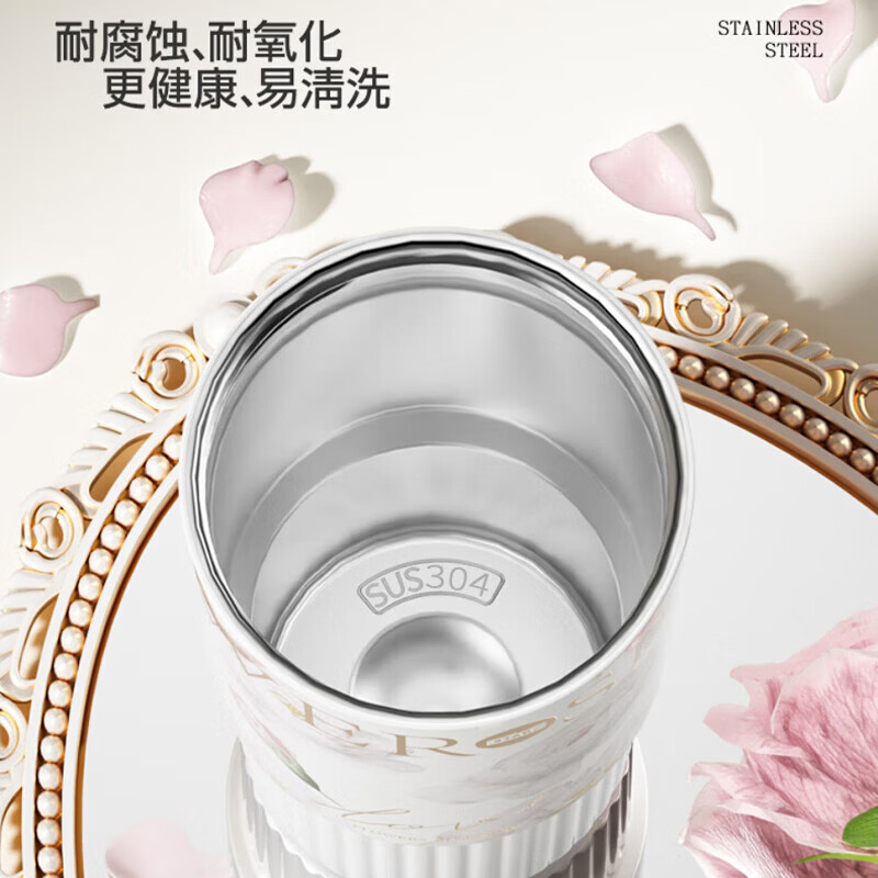繁花保温杯860ml大容量双饮杯口便携提手带花朵挂饰车用随行水杯 双色随机发货 图 5