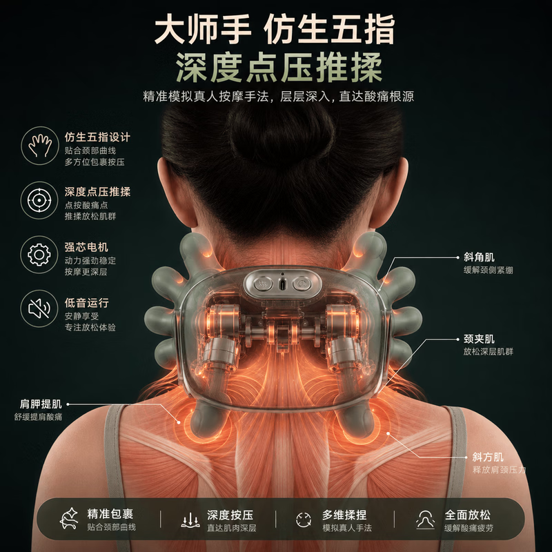 【大师手颈椎按摩仪】按摩器肩颈腰背教师节礼物仿真人手按摩披肩斜方肌揉捏热敷送长辈男女朋友 【顶配】六代加强电机+红光热敷