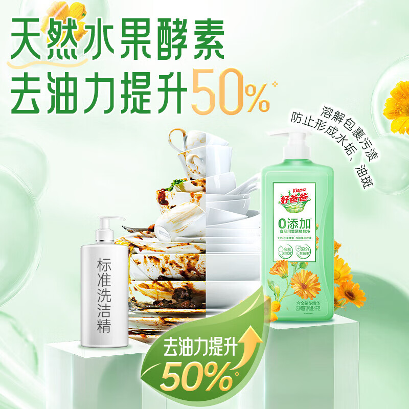 好爸爸果蔬餐具净含金盏花精华洗洁精 去油不伤手0添加食品可用洁净除菌 【4斤装】1kg*2瓶(1泵1盖)