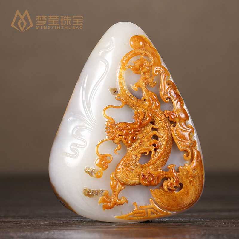 gmay 新疆和田玉生肖龙摆件 白玉籽料摆设龙行天下