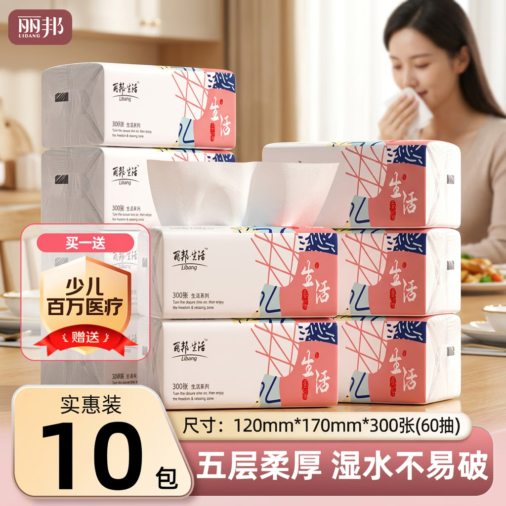 丽邦抽纸5层300张*10包便携小包面巾纸餐馆餐巾纸家庭提装