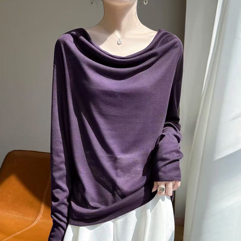 2026新款纯色宽松长袖t恤女秋装打底衫内搭上衣 棕色 (M173) 2XL (150-175)