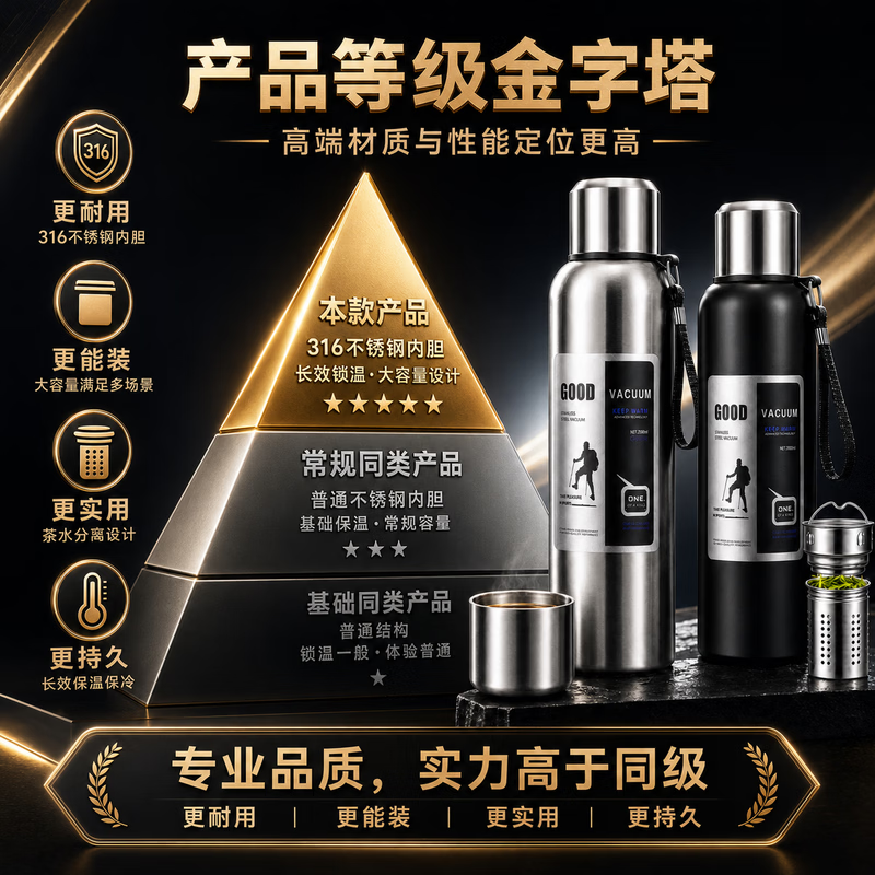 【德固品牌】保温杯72h长效保温保冷男316不锈钢大容量茶水分离 800ML【316特厚精钢】日常家用 【高级黑】密封防漏+杯盖可当水杯