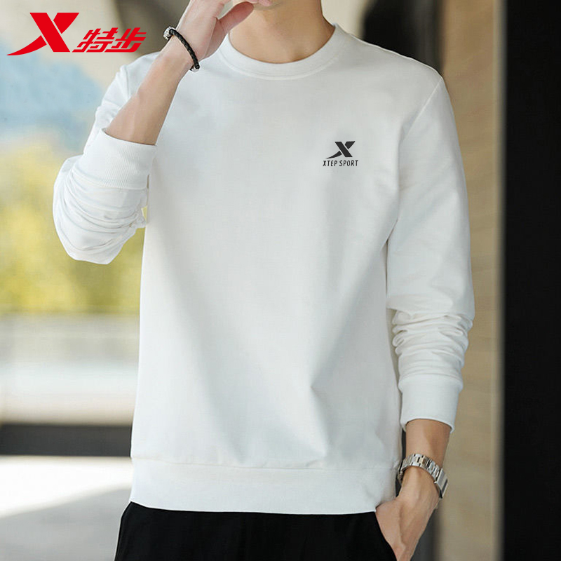 特步运动卫衣男士圆领秋冬季新款加绒保暖男士加厚长袖休闲上衣打底衫 白色(常规基础) L /175