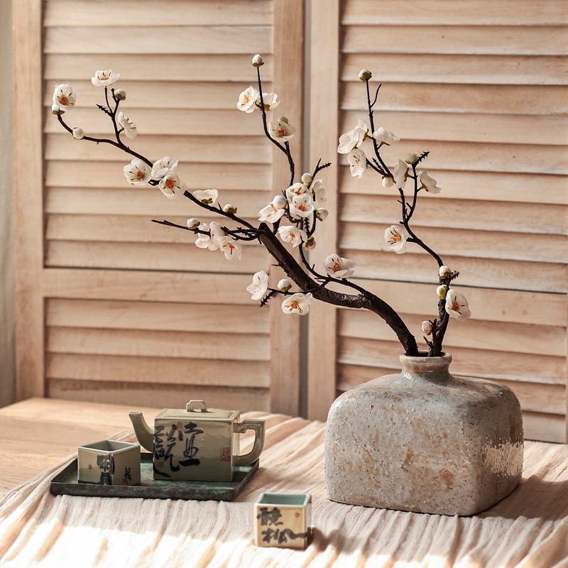 掬涵 仿真梅花树枝腊梅干花中式禅意客厅电视柜插花婚庆茶室装饰 15cm
