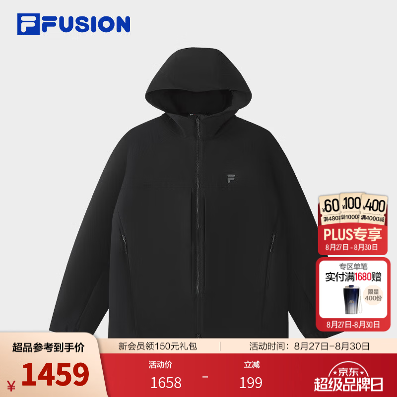 FILA FUSION潮牌外套26秋季新款男士梭织休闲简约百搭连帽上衣 正黑色-BK M 170/92A/M