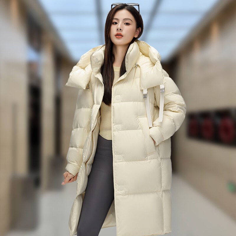 拉夏贝尔（La Chapelle）冬季纯色时尚软糯羽绒服外穿2026连帽宽松中长款男女同款1009 米色 2XL (建议150-165斤)