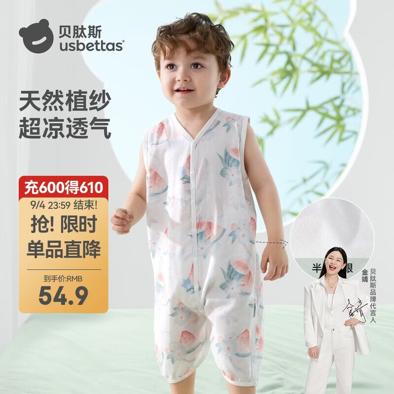 贝肽斯儿童背心睡袋夏季竹棉纱布网眼婴儿睡袋宝宝防踢被子神器西瓜 S
