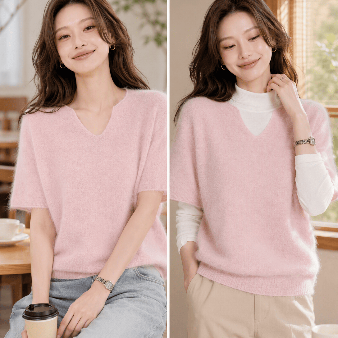 【鹦鹉梨专属】v领羊绒拉毛羊毛衫短袖针织衫26新款毛衣女装上衣 山核桃 常规 均码