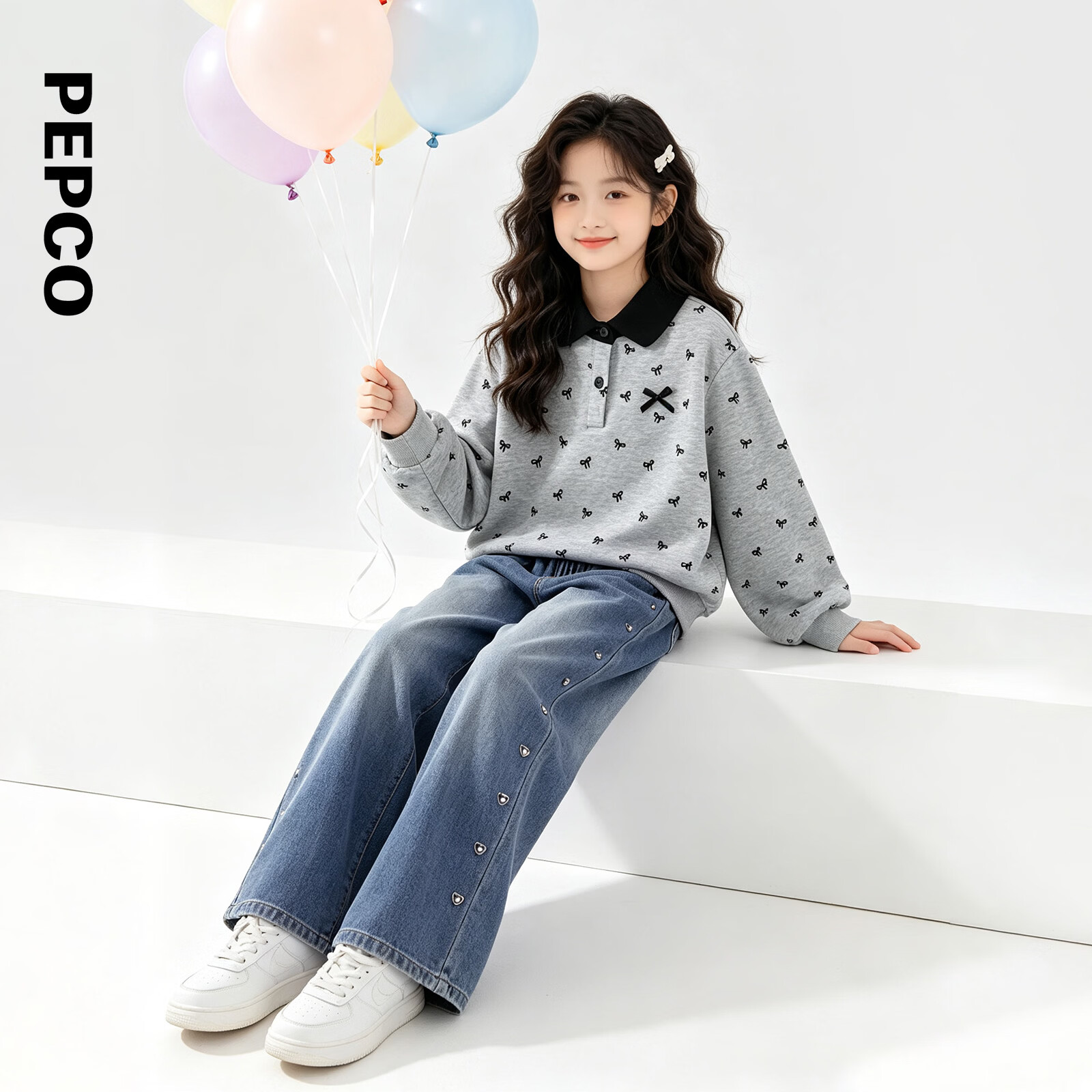 小猪班纳(PEPCO)女童26秋季新品蝴蝶结刺绣阔腿牛仔裤松紧腰休闲直筒长裤 浅蓝牛仔 110
