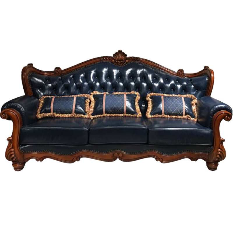 艾理思沙发 欧式沙发 美式真皮沙发 全实木沙发组合 别墅沙发 客厅家具组合电视柜茶几(真皮颜色可换) 1+2+3组合沙发(蓝色) 全实木双面雕花+头层真皮