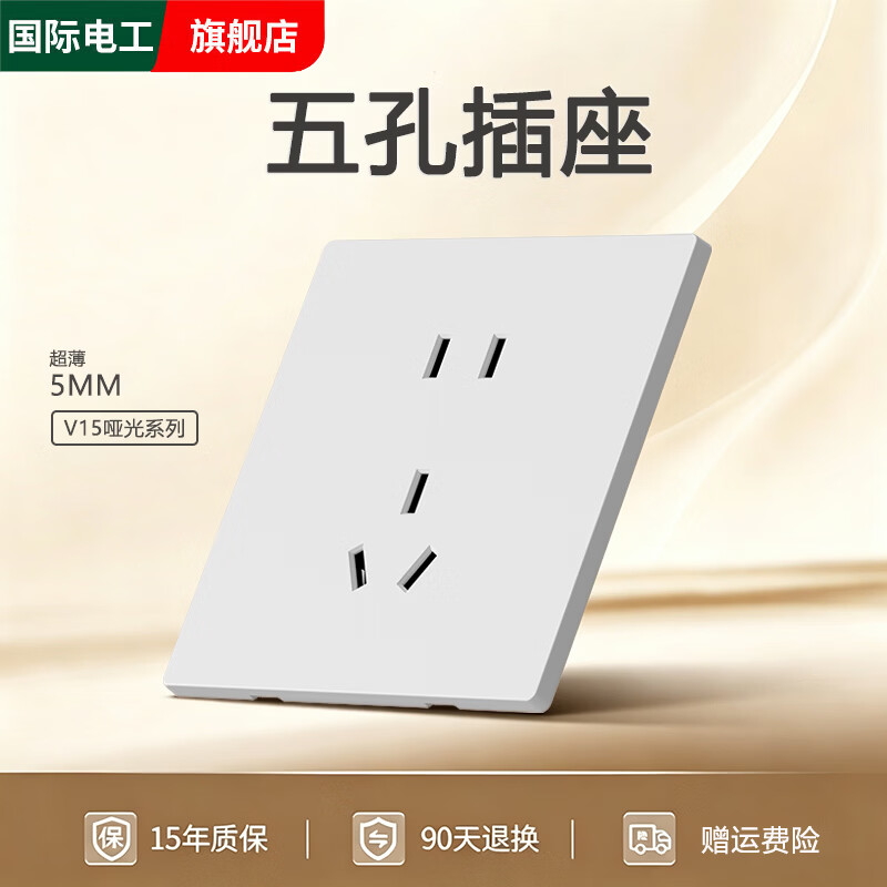 国际电工86型超薄磨砂白色开关插座面板哑光墙壁家用暗装二开双控一开五孔 正五孔-磨砂白