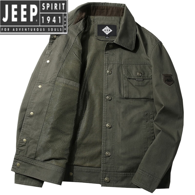 JEEP SPIRIT男士夹克2024春秋休闲宽松翻领秋季工装外套男装上衣 3218军绿 L