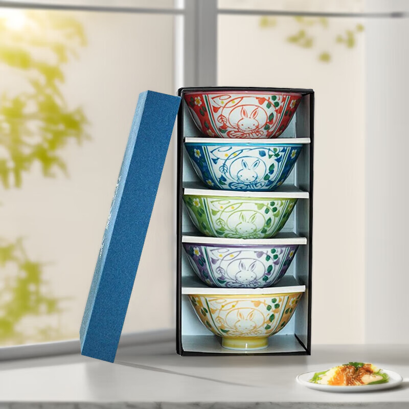 美浓烧（Mino Yaki）日本进口陶瓷碗家用饭碗浓花兔5英寸釉下彩5件套礼盒装