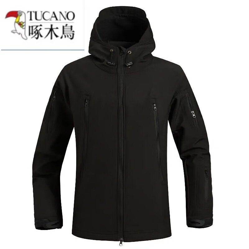啄木鳥(niǎo)（TUCANO）秋冬戶(hù)外軟殼沖鋒衣男加絨保暖防水迷彩戰術(shù)風(fēng)衣加厚防風(fēng)抓絨內膽 黑色 S