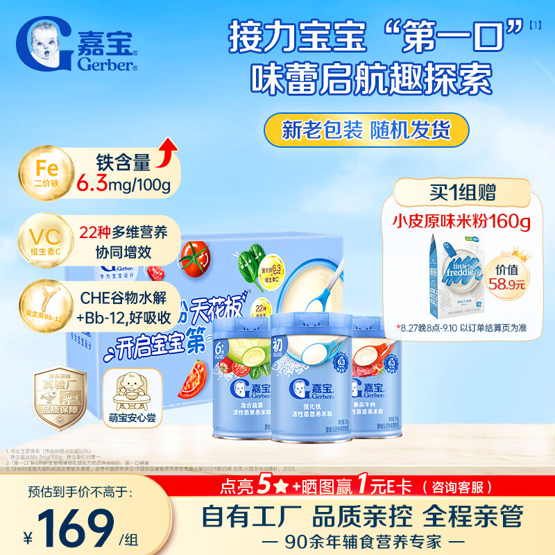 嘉宝（GERBER）原味+番茄牛肉+混合蔬菜味高铁米粉礼盒250g*3罐6月龄