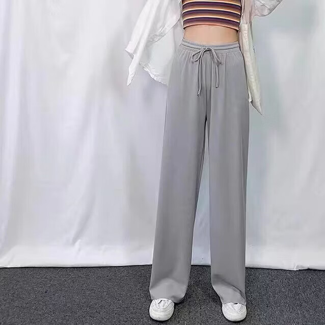 燠阳阔腿裤女裤冰丝新款薄款小个子垂感直筒高腰休闲拖地裤女 黑色 S 【75-90斤】